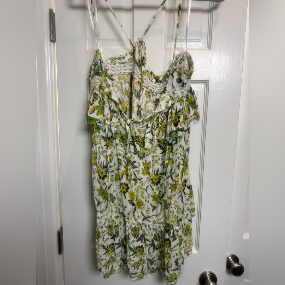 Free People White and Green Sundress with Lace Trim